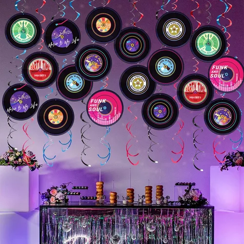 Miniatura 6 de Remolinos colgantes de fiesta de rock and roll, 48 unidades, decoración de fiesta de discoteca temática musical, diseño de disco de vinilo para negro