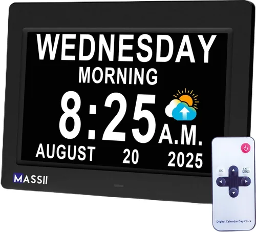 Miniatura 7 de MASSII 【2025 Nuevo】 Reloj Grande de 11.5" Hablante con Fecha y Hora de Voz, Reloj de Calendario para Demencia, DST Auto, 20 Recordatorios
