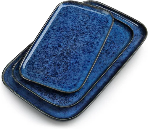 vancasso Stern Platos de servicio de 3 piezas, juego de 3 platos rectangulares de 15/13/11 pulgadas, bandejas azules para entretener, fiesta