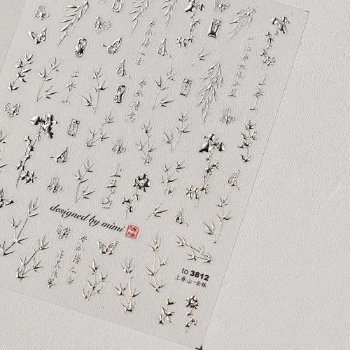 Miniatura 4 de 3 hojas de calcomanías de arte de uñas de hojas de bambú de sauce estilo chino 5D, calcomanías autoadhesivas doradas y plateadas para mujeres