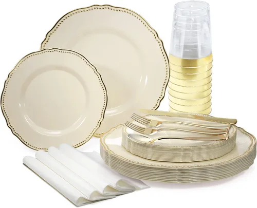 Miniatura 9 de OCCASIONS" Paquete de 50 platos (25 invitados) - Juego de platos de plástico desechables resistentes para fiestas de boda - 25 x 10.25'' para cena