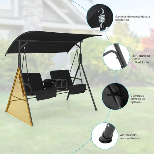 Miniatura 9 de Tangkula Columpio de porche para 2 personas, columpio al aire libre con mesa de almacenamiento pivotante, bolsa refrigerante, 2 soportes para tazas