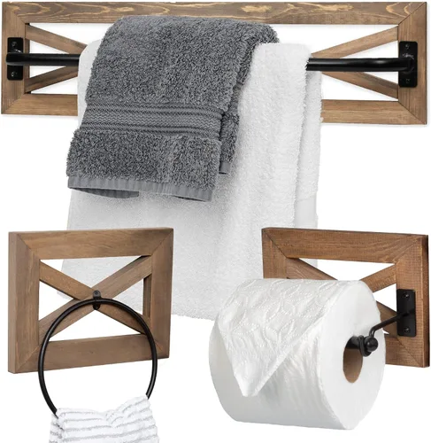 Ilyapa Juego de soporte de papel higiénico rústico con toallero para baño, estantes de pared - Barra de madera de granero y metal negro, decoración