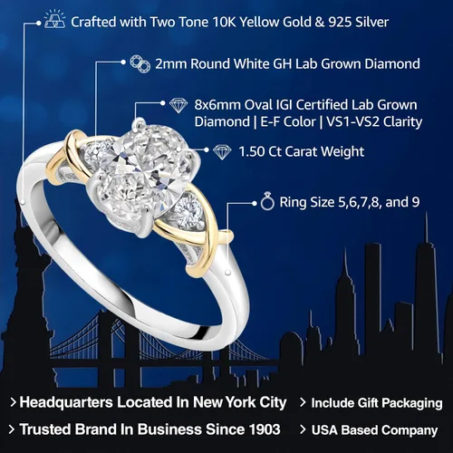 Miniatura 72 de Anillo de compromiso de oro amarillo de 10 quilates y plata 925 con piedra natal y diamantes cultivados en laboratorio para mujer, ovalado de 0.315