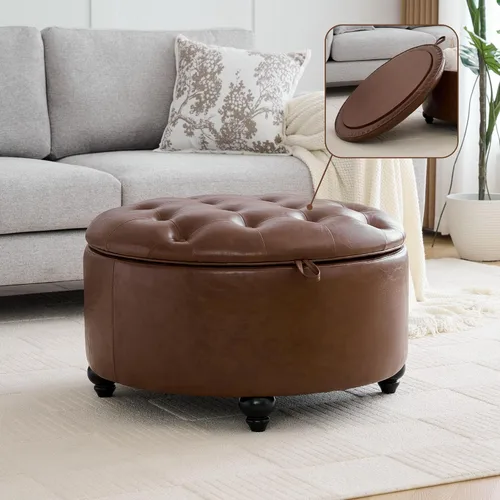 Miniatura 12 de WUTUTUEE Otomana redonda de almacenamiento de 24 pulgadas con bandeja, mesa de café circular tapizada moderna con almacenamiento, otomana tapizada