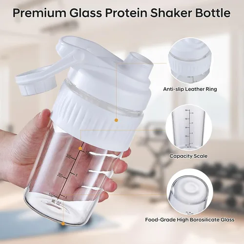 Miniatura 2 de Botella pequeña agitadora de vidrio de 16 onzas, paquete de 2 unidades de vidrio de borosilicato proteína en polvo para entrenamiento de gimnasio