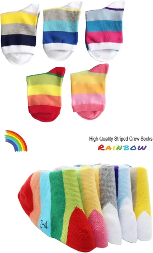 Miniatura 4 de Litomatic Calcetines de algodón sin costuras para niñas, calcetines casuales para niños, calcetines escolares con rayas de arcoíris, paquete de 5