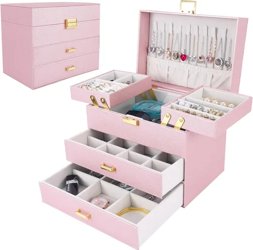 Dajasan Cajas de joyería para mujeres y niñas, organizador de almacenamiento de joyas, 4 capas, caja organizadora de joyas grande con 2 cajones para