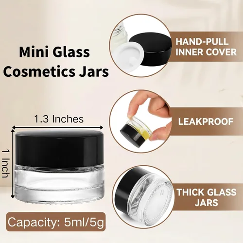 Miniatura 2 de Coloch Paquete de 90 recipientes de muestra de vidrio de 0.2 fl oz con tapa negra, mini tarros de vidrio para cosméticos con forro