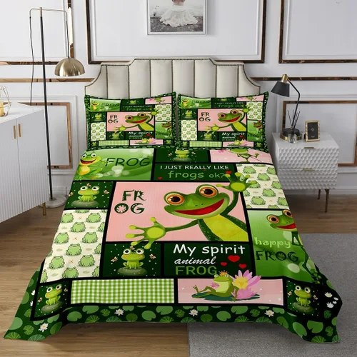 Miniatura 2 de Manfei Juego de colcha de verano con diseño de ranas de dibujos animados, diseño de animales de estanque, decoración de habitación de niños, niñas