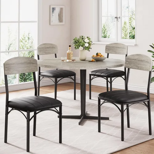 Miniatura 9 de Jocoevol Juego de 4 sillas de comedor tapizadas con piel sintética, sillas de cocina industriales con respaldo de madera y patas de metal gruesas
