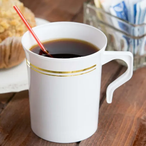 Miniatura 7 de Efavormart - Paquete de 8 tazas de café de plástico blanco de 8 onzas con borde dorado, tazas desechables de cacao caliente de la colección Tres