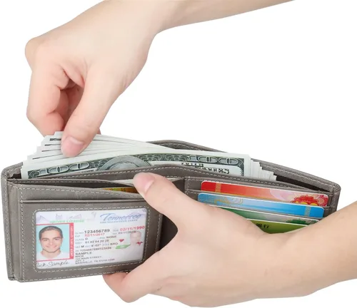 Miniatura 5 de Billetera para hombrecon RFID bloqueo plegable en 3, piel genuina, cartera con 2ventanas para identificación