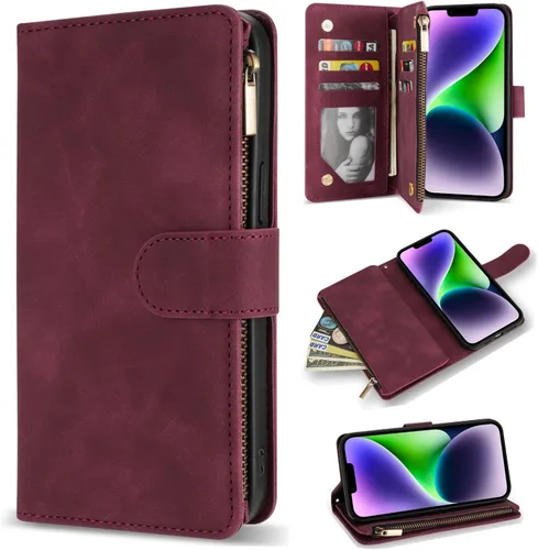 Miniatura 28 de ZZXX Funda tipo cartera para iPhone 14 Plus con [Bloqueo RFID] Ranura para tarjetas Cuero PU suave premium con cremallera tipo folio plegable