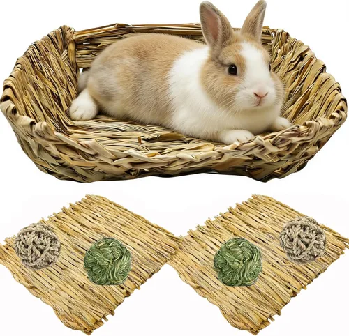 Miniatura 10 de Hamiledyi Cama de hierba de conejo, alfombrilla de heno natural hecha a mano, bolas masticables para conejo, jerbo, chinchilla, cobaya, hurón, otros
