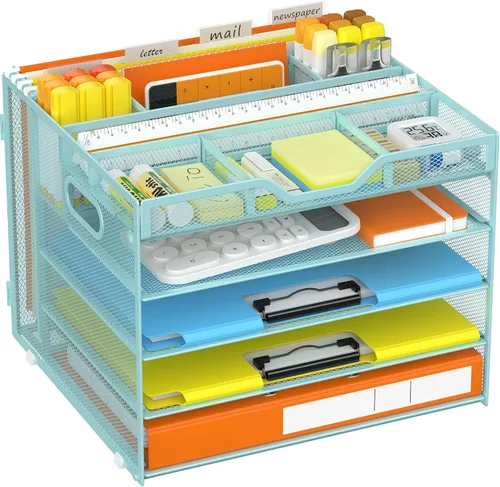 Miniatura 14 de Docnest Organizador de escritorio de malla de 5 niveles, bandeja de cartas con compartimentos ajustables, almacenamiento de escritorio de malla