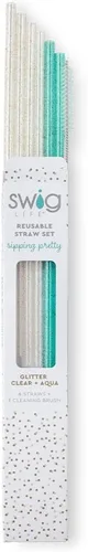 Miniatura 2 de Swig Life Juego de popotes reutilizables con purpurina transparente + popote alto Aqua y cepillo de limpieza, cada popote es de 10.25 pulgadas