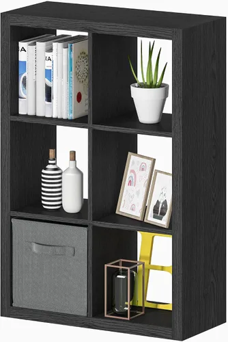 Miniatura 5 de Estantería con contenedor de almacenamiento, organizador de almacenamiento de 6 cubos, estantería abierta de madera moderna, estante de exhibición