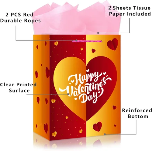Miniatura 4 de JUESMOS Bolsa de regalo para el día de San Valentín de 13 pulgadas con papel de seda, bolsa de regalo para el día de San Valentín con asas, bolsa