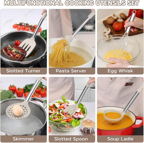 Miniatura 8 de Onader Juego de 15 utensilios de cocina de silicona, juego de utensilios de cocina con soporte para utensilios de cocina antiadherentes, mango