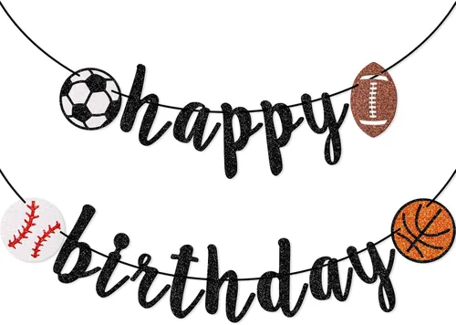 Cartel deportivo de feliz cumpleaños, pancarta de cumpleaños con purpurina, fútbol, béisbol, fútbol, baloncesto (negro)