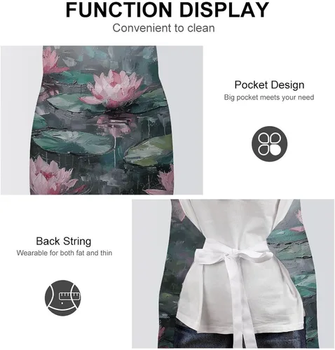 Miniatura 6 de MUSM Apron for Adults - 27.6 X 31.5 Inch, Heavy-Duty Polyester Aprons with Two Large Pockets, Waterproof Peach Water Lily Painting Kitchen Apron for