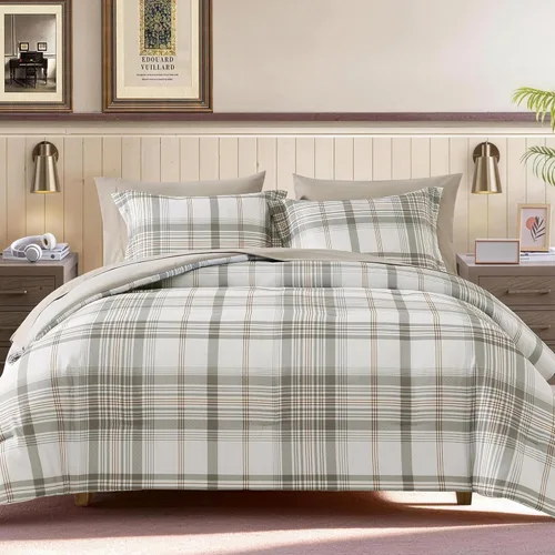 Miniatura 23 de AMBERSPACE Juego de edredón tamaño matrimonial, juego de ropa de cama a cuadros azul gris de 7 piezas para niños, niñas y adolescentes, juego