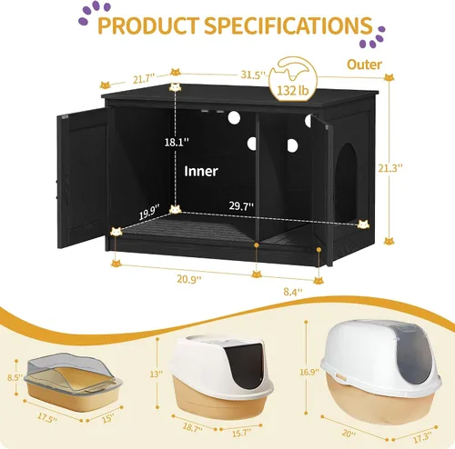 Miniatura 2 de Hzuaneri Caja de arena para gatos con cojín, mueble oculto con divisores extraíbles, entrada reversible lado izquierdo o derecho, casa para gatos