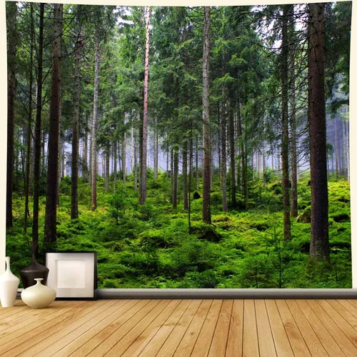 Miniatura 2 de Tapiz de bosque con árbol verde natural, vintage, paisaje, techo, retro, para dormitorio, estético, hermoso, tapiz de pared, telón de fondo