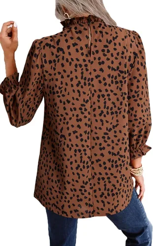 Miniatura 2 de Remidoo Blusa de manga abombada con cuello alto falso y estampado de leopardo para mujer