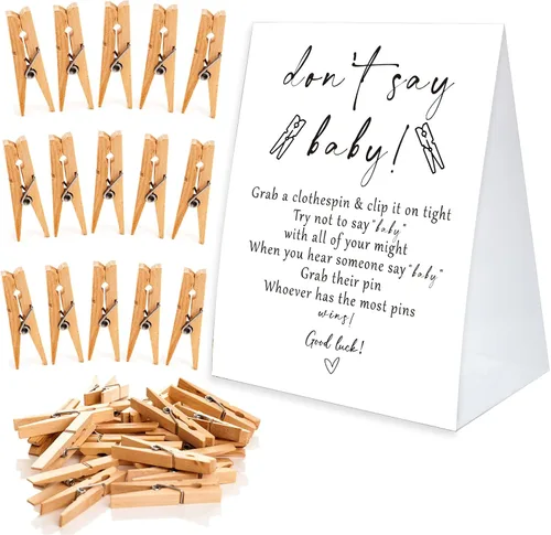 Miniatura 11 de Juego de pinzas para la ropa de baby shower, un cartel de papel recubierto de 5 x 7 pulgadas y 50 pinzas naturales para la ropa, baby shower