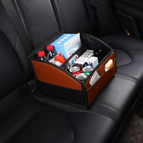Miniatura 8 de Organizador de cuero para asiento de automóvil, caja de almacenamiento plegable para asiento delantero, asientos traseros y piso, divisor extraíble