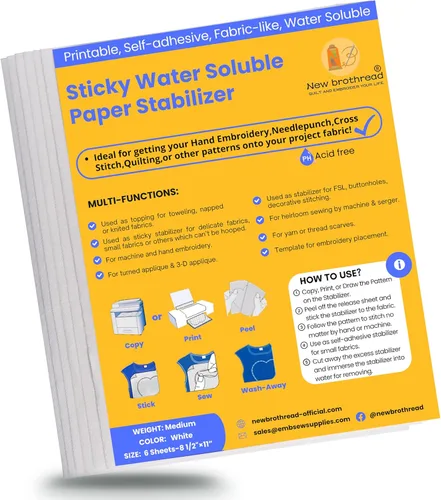 New brothread Estabilizador de papel imprimible soluble en agua, adhesivo de 8.5 x 11 pulgadas, peso medio, permitido para patrones de impresión o