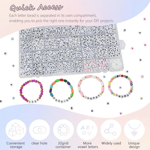 Miniatura 4 de Amaney – 1600 piezas, cuentas acrílicas del alfabeto, 31 estilos, corazón, número, estrella y sonriente, cuentas de 4 x 7 mm para hacer joyería