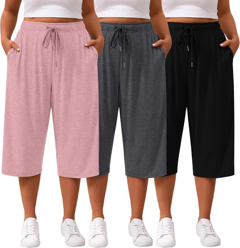 Miniatura 11 de Paquete de 3 pantalones capri de talla grande para mujer, ajuste holgado, pierna ancha, pantalones recortados para yoga, descanso, entrenamiento
