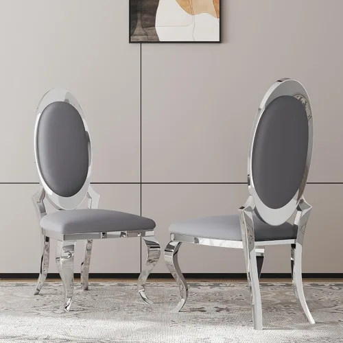 Miniatura 52 de Juego de 2 sillas con 2 sillas de comedor de piel sintética blanca, silla de cocina moderna con respaldo ovalado y patas de acero inoxidable