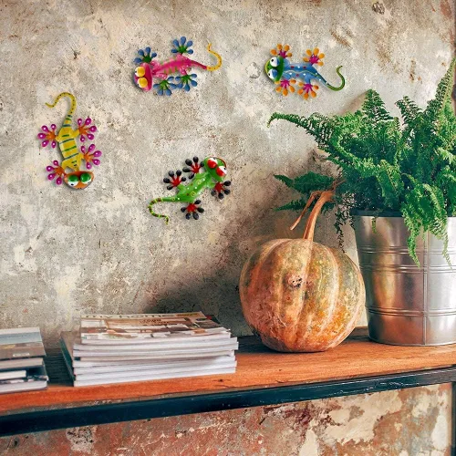 Miniatura 7 de hogardeck Gecko - Decoración de pared de metal para exteriores, paquete de 4 esculturas y estatuas de jardín de lagarto con cabeza agitada