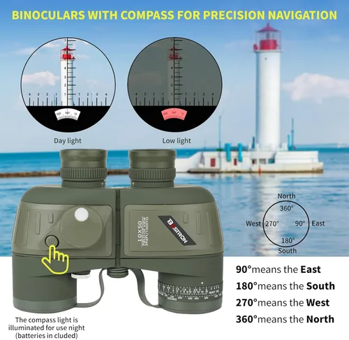 Miniatura 5 de Prismáticos marinos de 10 x 50 con brújula y telémetro, binoculares impermeables a prueba de niebla para adultos, navegación, vela, pesca, caza