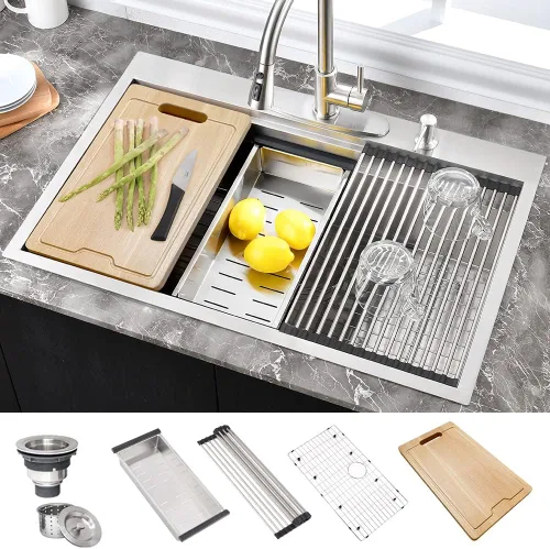 Miniatura 14 de Fregadero de cocina de acero inoxidable de 25 x 20 x 10 pulgadas, con caída en la parte superior, calibre 16, cuenco individual profundo, fregadero