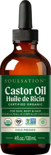 SOULSATION Aceite de ricino orgánico 100% puro (4 onzas) – Para pestañas, cejas, cara, cabello y piel – Botella de vidrio prensada en frío sin