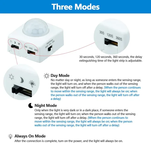 Miniatura 2 de GOMING Tira de luz LED COB con sensor de movimiento 5M (16.4 pies) Blanco frío 6000K 3 modos de iluminación 3 modos de temporización de apagado 3