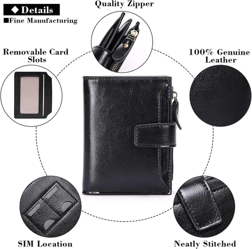 Miniatura 5 de FALAN MULE - Cartera de cuero auténtico para mujer, pequeña plegable , compacta, con interferencia de radiofrecuencia (RFID)