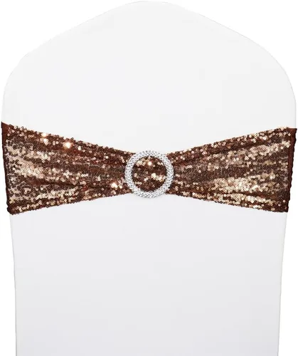 Miniatura 9 de Fajas de lentejuelas para sillas de elastano, paquete de 6 bandas elásticas de lentejuelas con hebilla para bodas, banquetes, cumpleaños, Oro rosa