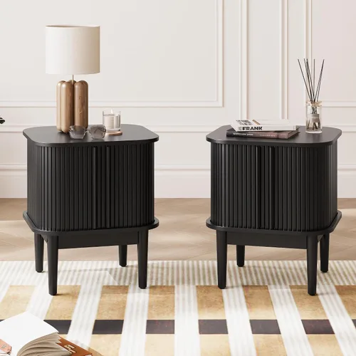 Miniatura 9 de Juego de 2 mesitas de noche estriadas con puertas correderas, moderna mesita de noche con patas de madera maciza, mesita de noche de madera