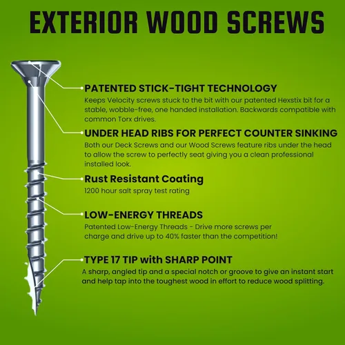 Miniatura 2 de Velocity - Tornillos para madera exteriores 1 1/2 y puntas Torx T20 (talla #8), tecnología adherente, fabricado con acero al carbono, incluye broca