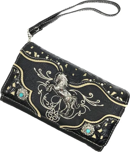 Miniatura 2 de Zelris Cartera cruzada de cuero vegano de PU bordada con caballo de cría occidental, Negro -, Zelris Damasco