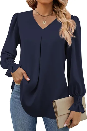 Miniatura 16 de Funlingo Blusas de mujer con mangas largas 2025, elegantes y casuales, con cuello en V, túnica suelta de gasa para el trabajo