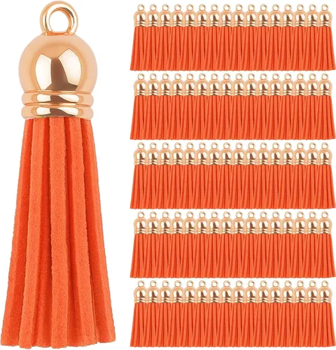 Miniatura 31 de Mandala Crafts 100 borlas de gamuza sintética color aguamarina con tapa dorada, suministros para hacer llaveros a granel, pequeñas borlas de cuero