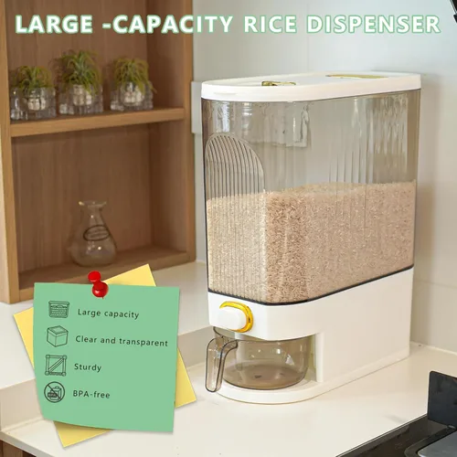 Miniatura 4 de Contenedor de almacenamiento de arroz de 22.0 lbs, dispensador transparente de granos de alimentos con dial de fecha y taza medidora, organizador