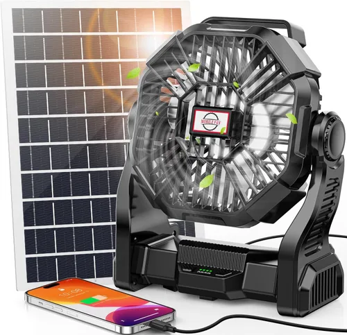 Miniatura 8 de Ventilador Solar de 20000mAh con Farol LED, Panel Solar Recargable de 10W, Ventilador de Camping Alimentado por Batería para Exteriores, de 9
